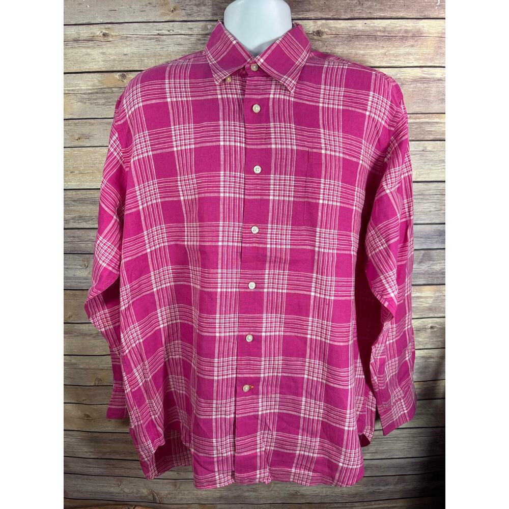 Robert Talbott Linen Shirt Pink White Check Button Up Mens Size 2XL 25x32